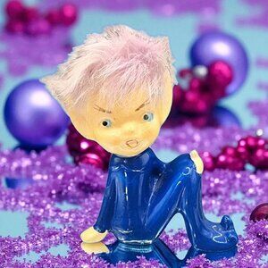 Pixie Elf Figurine with Pointy Ear Purple Furry Hair Japan 1950s Kitsch Holiday